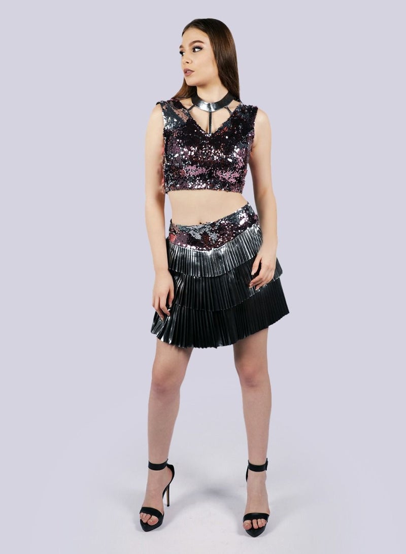 NIVA FASHION HOUSE Tantalize Metallic and Sequin Fringe Skirt and Crop Top Set  - Image 3