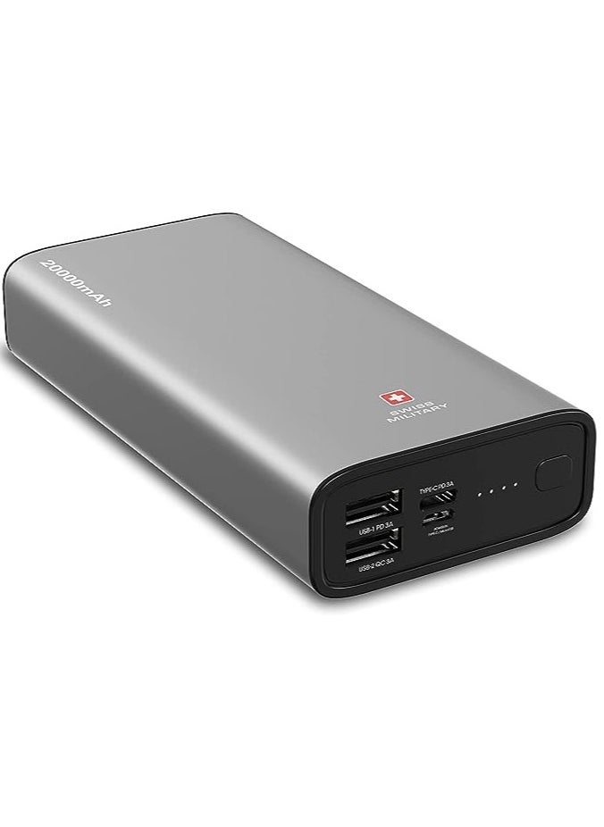 SWISS MILITARY - Swiss Military Bieudron PD Power Bank 20000MAH: Rapid Charging, 20W Output, 50% Charge in 30 Minutes* - Type-C, Micro, and Dual USB Inputs - Silver - Image 1