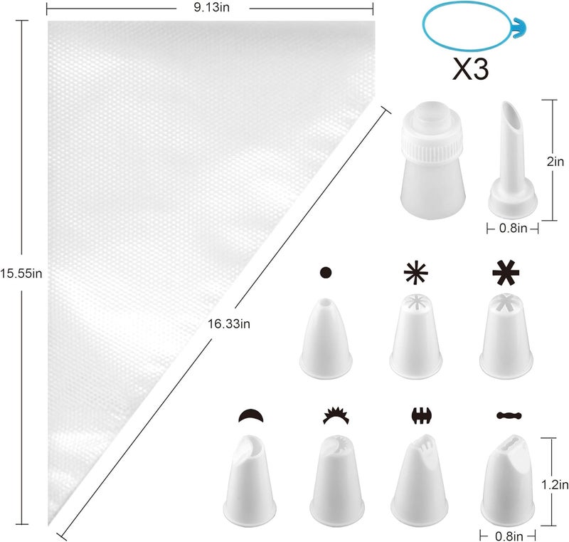 Weetiee Pastry Bag - 100 Pieces 16 Inch [Extra Thick] Disposable Piping Bags Set with 8 decorating tips, 1 coupler and 3 Bag Ties for Cake Decorating Royal Frosting - Image 2