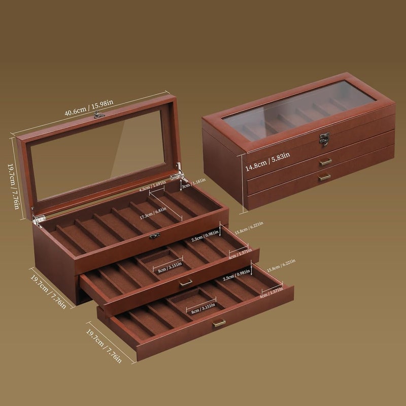 AUTOARK 3-Tier PU Leather & Velvet Knife Organizer with 26 Slots,Transparent Glass Top & Drawer,Compact Storage for Pocket Knives,Ideal for Men's Collections & Gifts,Coffee,MKAW013 - Image 2