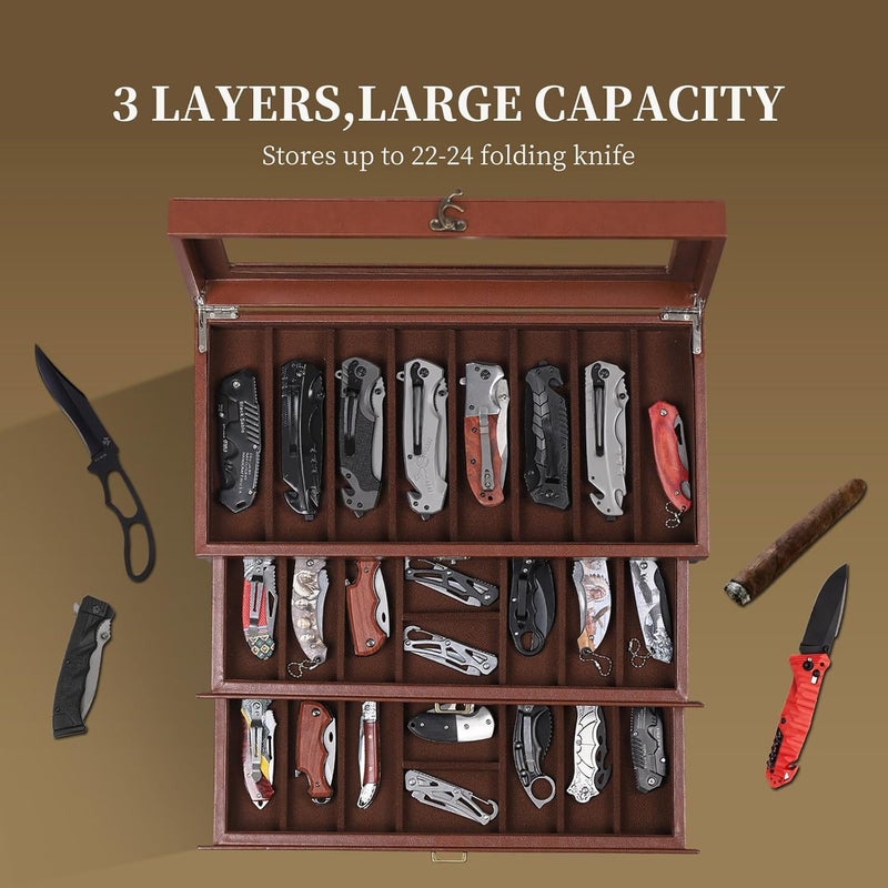 AUTOARK 3-Tier PU Leather & Velvet Knife Organizer with 26 Slots,Transparent Glass Top & Drawer,Compact Storage for Pocket Knives,Ideal for Men's Collections & Gifts,Coffee,MKAW013 - Image 4