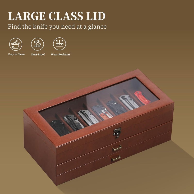 AUTOARK 3-Tier PU Leather & Velvet Knife Organizer with 26 Slots,Transparent Glass Top & Drawer,Compact Storage for Pocket Knives,Ideal for Men's Collections & Gifts,Coffee,MKAW013 - Image 5