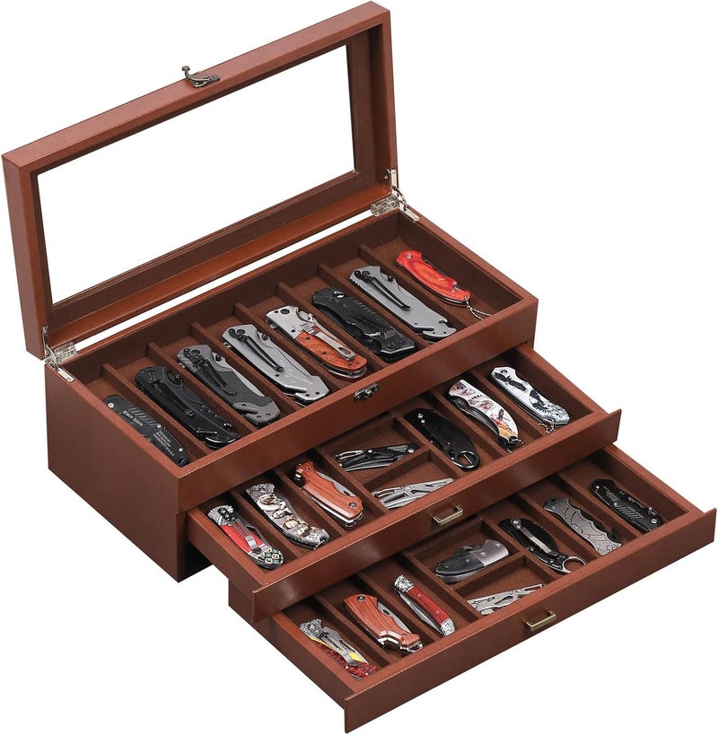 AUTOARK 3-Tier PU Leather & Velvet Knife Organizer with 26 Slots,Transparent Glass Top & Drawer,Compact Storage for Pocket Knives,Ideal for Men's Collections & Gifts,Coffee,MKAW013 - Image 1
