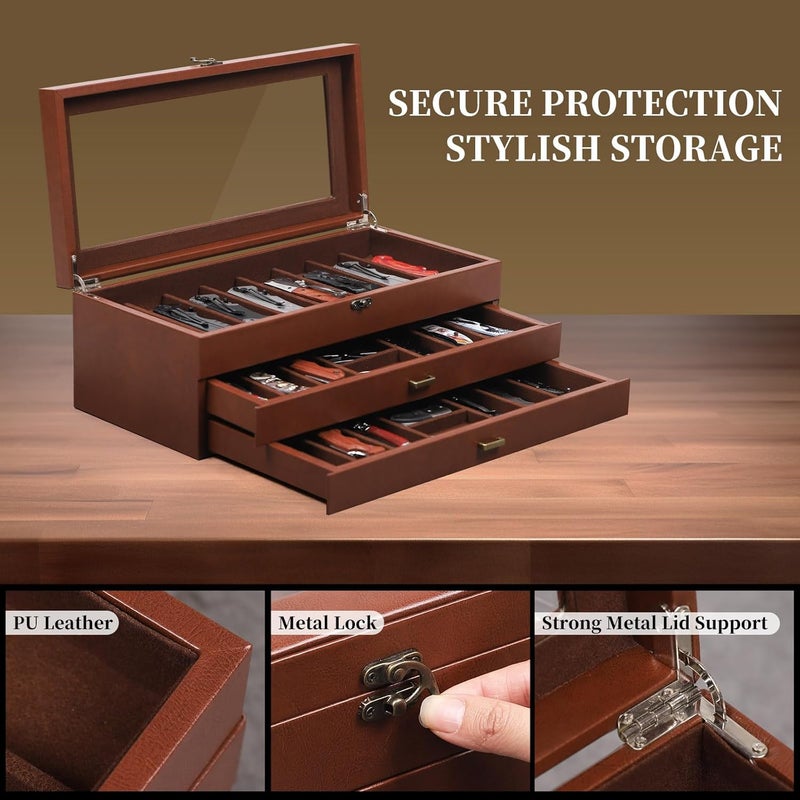 AUTOARK 3-Tier PU Leather & Velvet Knife Organizer with 26 Slots,Transparent Glass Top & Drawer,Compact Storage for Pocket Knives,Ideal for Men's Collections & Gifts,Coffee,MKAW013 - Image 3
