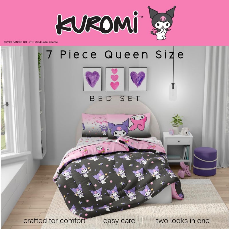 Franco Sanrio Kuromi & My Melody Bedding 7 Piece Super Soft Cozy Reversible Comforter and Sheet Set with Sham, Queen, (100% Official Licensed Product) by Franco - Image 3