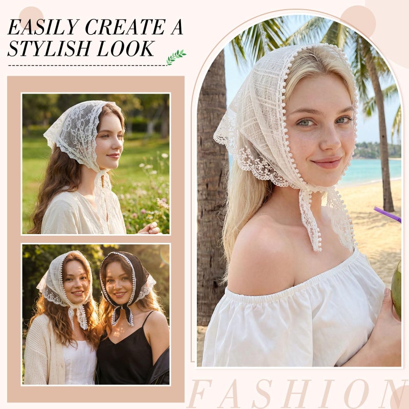 obeoby 4 Pack Lace Bandanas Head Scarf for Women, White Hair Scarf Bandana for Wedding Bridal Headband Kerchief Spring Summer Hair Accessories - Image 5