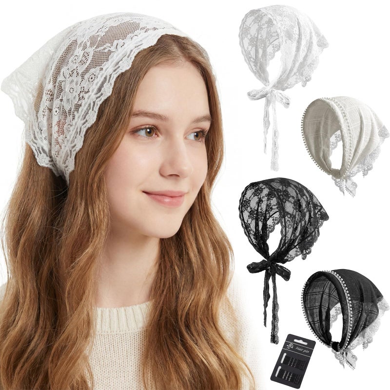 obeoby 4 Pack Lace Bandanas Head Scarf for Women, White Hair Scarf Bandana for Wedding Bridal Headband Kerchief Spring Summer Hair Accessories - Image 1