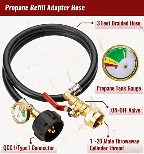 CALPOSE 3 Feet Propane Refill Adapter Hose with Gauge and ON/Off Control Valve, Extension Propane Refill Hose, Fill 1 Pound Bottles from 20lb Tank - Image 2