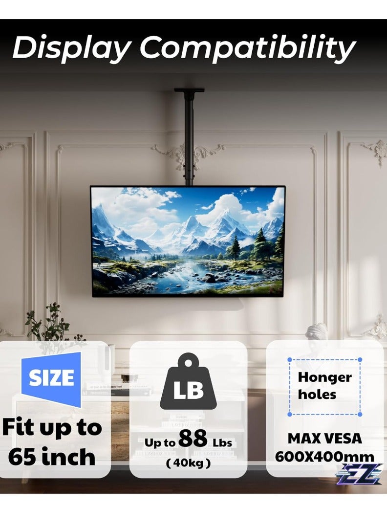 ELTRAZONE TV Ceiling Mount Adjustablex Bracket for 26""-65"" Flat Screen Displays,Hanging Ceiling TV Mount Fits Most LED, LCD, OLED 4K TVs,6 Height Settings, Holds up to 88lbs, Max VESA 600x400mm - Image 2