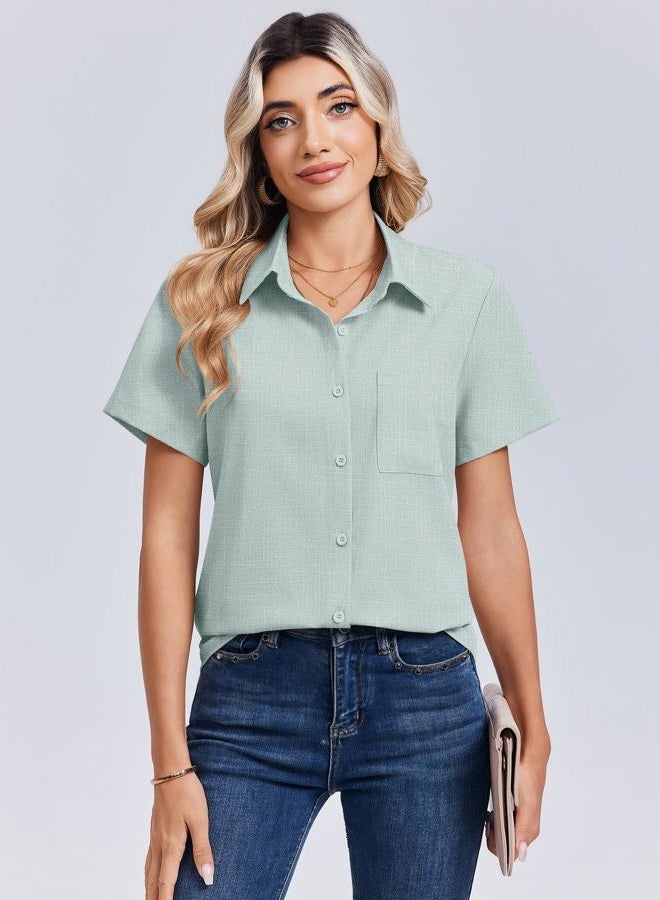 zeagoo Spring Tops for Women Short Sleeve Shirts Casual Button Down Blouses Business Vneck Tshirts, Light Green, XXL - Image 2