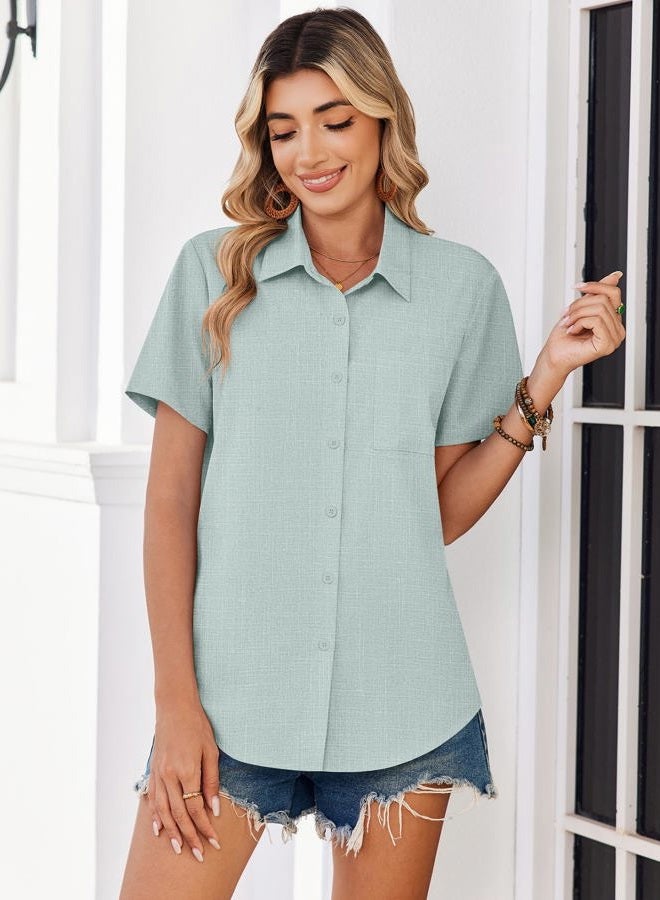 zeagoo Spring Tops for Women Short Sleeve Shirts Casual Button Down Blouses Business Vneck Tshirts, Light Green, XXL - Image 5