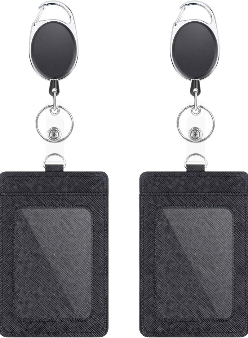 Oasisgalore 2-Pack Leather ID Badge Holders with Retractable Reel Clips, 1 Clear Window & 2 Card Slots (Black). - Image 1