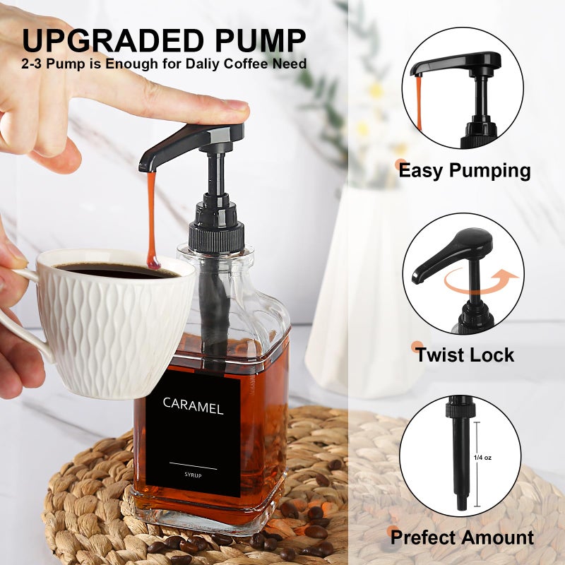GMISUN Coffee Syrup Dispenser, 16.9 fl oz Syrup Pump Dispenser for Coffee Bar Accessories, Square Glass Syrup Bottle for Coffee Bar Essentials, Simple Maple Syrup Bottles with Â¼oz Large Capacity Pump - Image 2