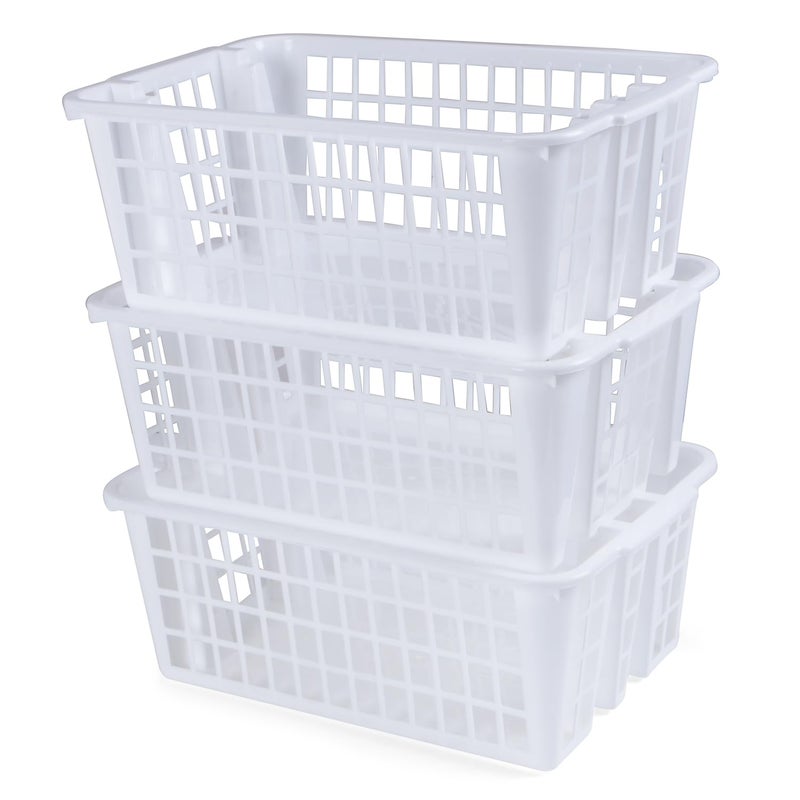 Comet Plastic Multipurpose Twist N Stack Plastic Storage Baskets For Organizing Maximize Space With EaseRectangular White Set of 3 Large - Image 1