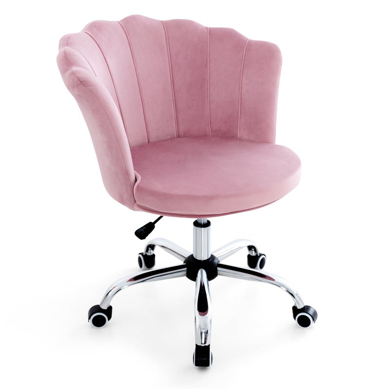 Giantex Velvet Home Office Chair Modern Cute Shell Back Upholstered Desk Chair with Wheels Adjustable Swivel Task Chair Comfy Vanity Chair for Girls Women Bedroom Pink