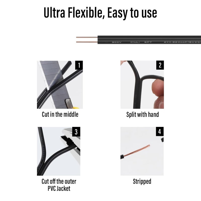 Electrical Cable Wire, 2-Core Copper, Black PVC Insulated Twin Flexible Copper Cable for Extension Power Wire Home Small Electrical Wiring (BLACK-0.75MM, 1 METER) - Image 4