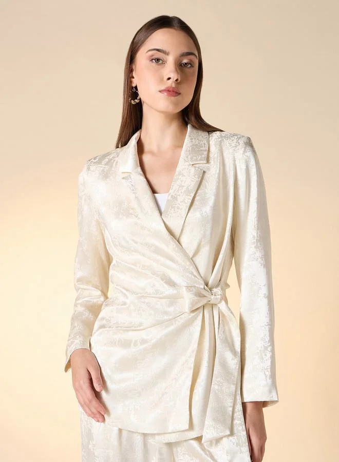 Iconic Iconic Textured Notched Lapel Jacket with Long Sleeves and Tie-Up Detail
