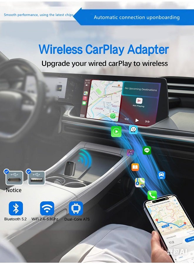 Mini Wireless Carplay Adapter, Convert Wired to Wireless Car Play  Android Auto 2-in-1 Adapter for Apple iPhone  Android Phone, Plug  Play, Auto Connect, No Delay, w/USB C for iOS 10+ Android 11+