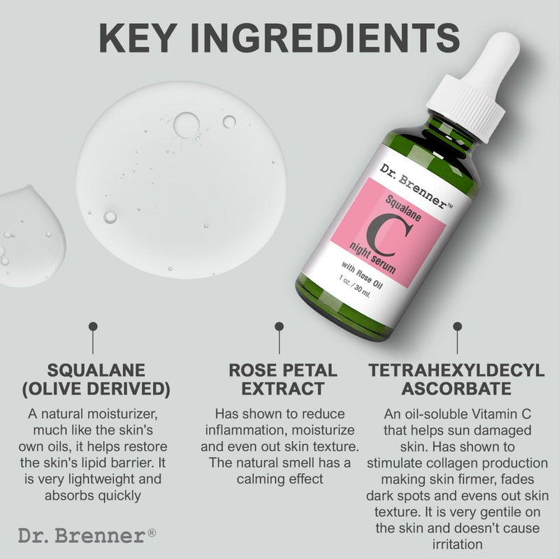 Dr Brenner Vitamin C Serum (Tetrahexyldecyl Ascorbate) Night Oil Treatment With Squalane and Pure Rose Oil for Firmer, Glowing Skin, by Dr. Brenner 1 oz. - Image 2