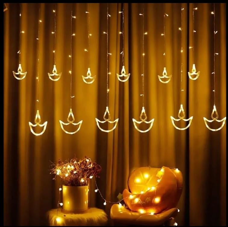 Litehom12 Stars 108 Led Curtain String Lights with 8 Flashing Modes Led Light for Home Decoration for Christmas, Wedding, Home, Diwali, Patio (108 Led-Star, Pack of 1) (Diya Curtain 6+6-Warm White) - Image 1