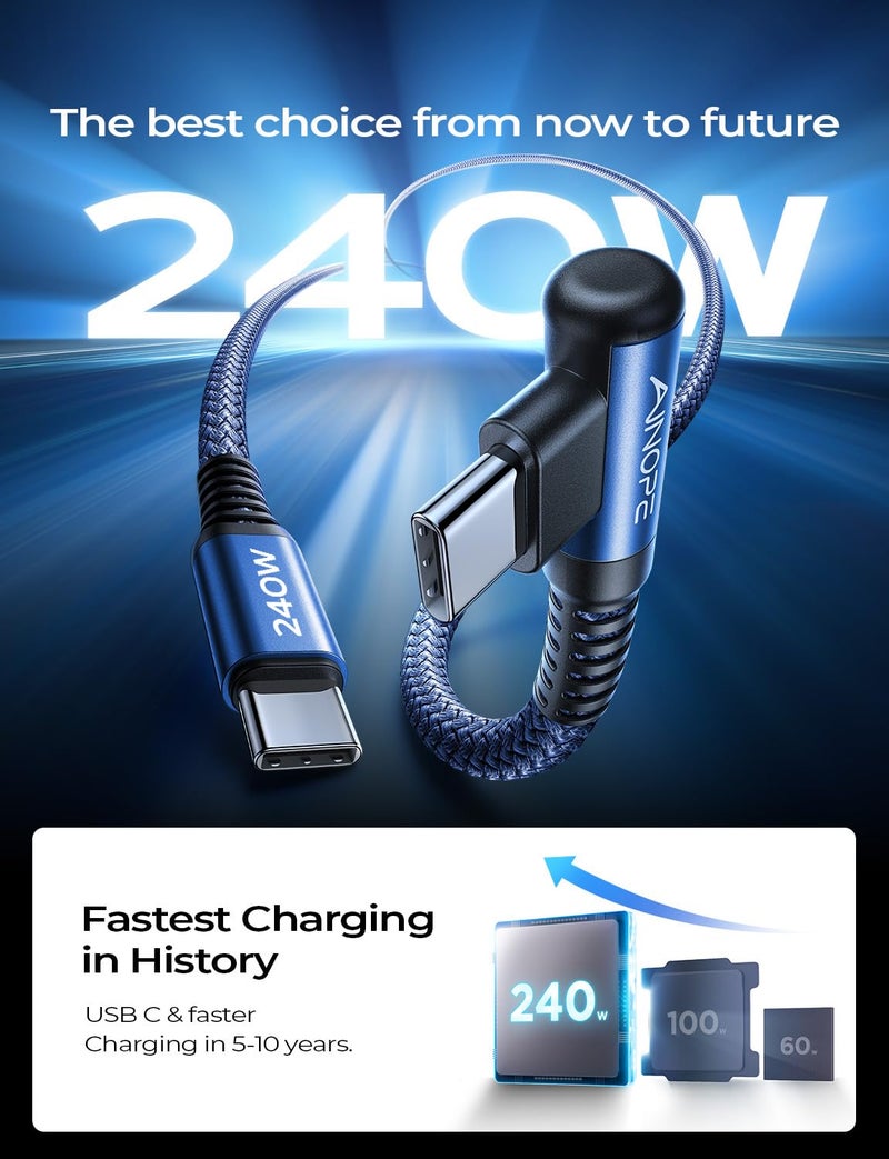 AINOPE 240W High Speed USB C Cable [10ft] USBC to USBC Cable, Right Angle C to C Cable Fast Charging Compatible with iPhone 16 Charger Cord, iPad Pro,MacBook Air 2024 M4,Samsung Galaxy S24, Blue - Image 2