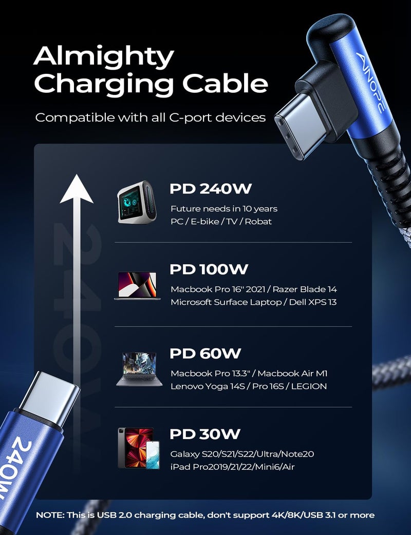 AINOPE 240W High Speed USB C Cable [10ft] USBC to USBC Cable, Right Angle C to C Cable Fast Charging Compatible with iPhone 16 Charger Cord, iPad Pro,MacBook Air 2024 M4,Samsung Galaxy S24, Blue - Image 3