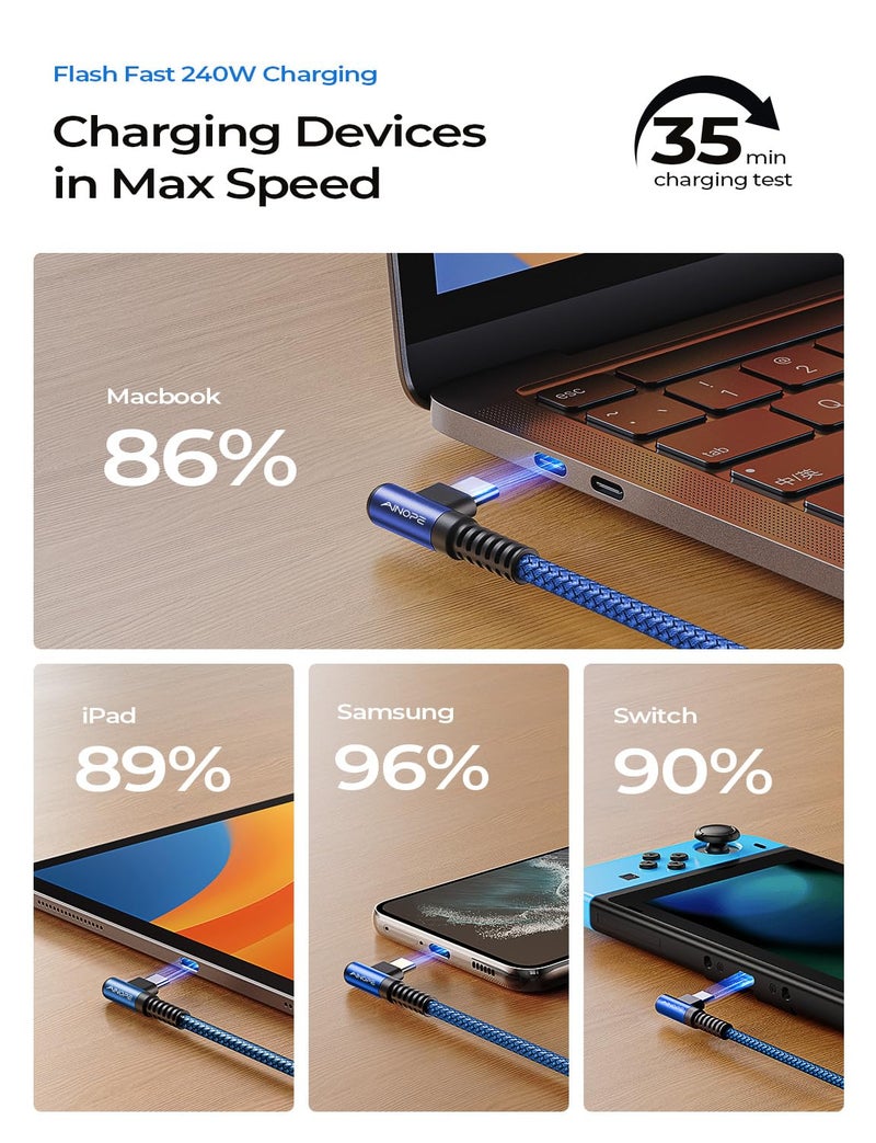 AINOPE 240W High Speed USB C Cable [10ft] USBC to USBC Cable, Right Angle C to C Cable Fast Charging Compatible with iPhone 16 Charger Cord, iPad Pro,MacBook Air 2024 M4,Samsung Galaxy S24, Blue - Image 4