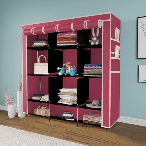 GTC® 12 Layer Collapsible Portable Foldable Wardrobe Storage Organizer Shelves for Clothes Racks Fabric Almirah Non Rustable Iron Storage Unit (88250) (Maroon) - Image 1