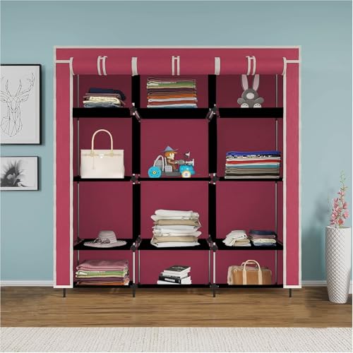 GTC® 12 Layer Collapsible Portable Foldable Wardrobe Storage Organizer Shelves for Clothes Racks Fabric Almirah Non Rustable Iron Storage Unit (88250) (Maroon) - Image 2