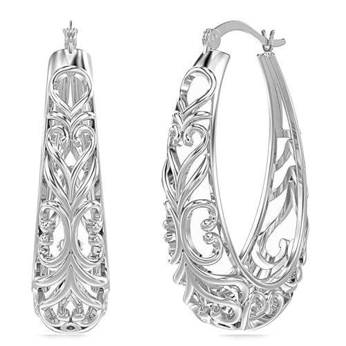 LeCalla Sterling Silver Earring Hoops for Women | Filigree Earrings | 925 Silver Hoop Earrings | Women's Filigree Hoop Earrings | 925 Silver Italian Hoops Earring | Medium Oval Hoop for Women - 32mm - Image 1