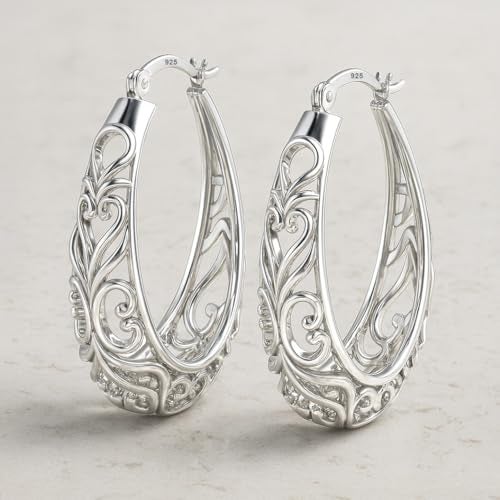 LeCalla Sterling Silver Earring Hoops for Women | Filigree Earrings | 925 Silver Hoop Earrings | Women's Filigree Hoop Earrings | 925 Silver Italian Hoops Earring | Medium Oval Hoop for Women - 32mm - Image 5