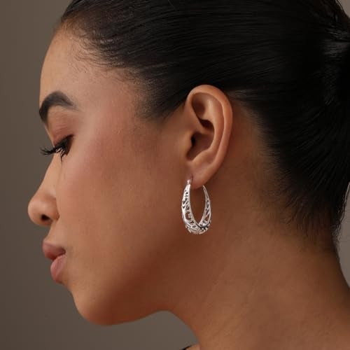 LeCalla Sterling Silver Earring Hoops for Women | Filigree Earrings | 925 Silver Hoop Earrings | Women's Filigree Hoop Earrings | 925 Silver Italian Hoops Earring | Medium Oval Hoop for Women - 32mm - Image 2