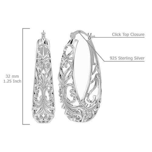 LeCalla Sterling Silver Earring Hoops for Women | Filigree Earrings | 925 Silver Hoop Earrings | Women's Filigree Hoop Earrings | 925 Silver Italian Hoops Earring | Medium Oval Hoop for Women - 32mm - Image 3