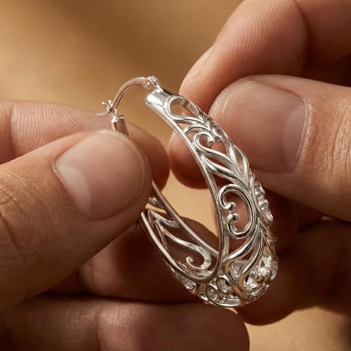 LeCalla Sterling Silver Earring Hoops for Women | Filigree Earrings | 925 Silver Hoop Earrings | Women's Filigree Hoop Earrings | 925 Silver Italian Hoops Earring | Medium Oval Hoop for Women - 32mm - Image 5