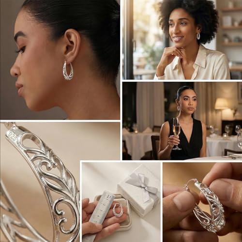 LeCalla Sterling Silver Earring Hoops for Women | Filigree Earrings | 925 Silver Hoop Earrings | Women's Filigree Hoop Earrings | 925 Silver Italian Hoops Earring | Medium Oval Hoop for Women - 32mm - Image 2