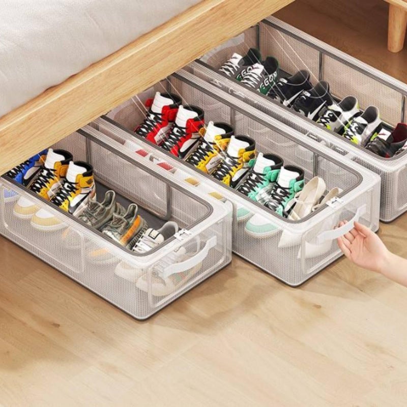 NYALKARAN Shoe Rack Box Organizer Foldable Dustproof Shoe Storage with Stainless Steel Frame, Transparent Window & Zipper Stackable Under Bed Organiser (Under-Bed Storage, Pack Of 3) - Image 2