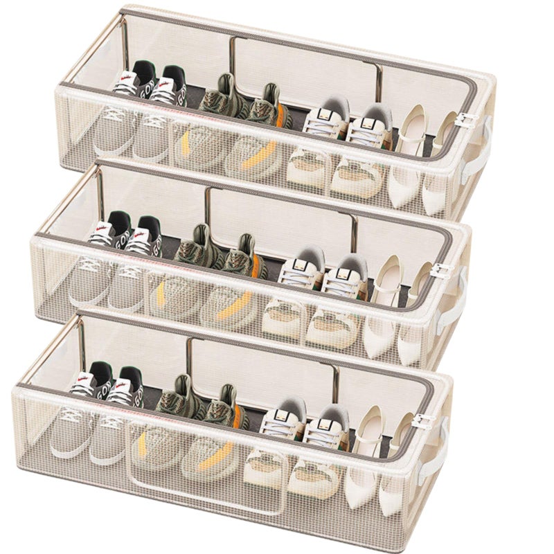 NYALKARAN Shoe Rack Box Organizer Foldable Dustproof Shoe Storage with Stainless Steel Frame, Transparent Window & Zipper Stackable Under Bed Organiser (Under-Bed Storage, Pack Of 3) - Image 1