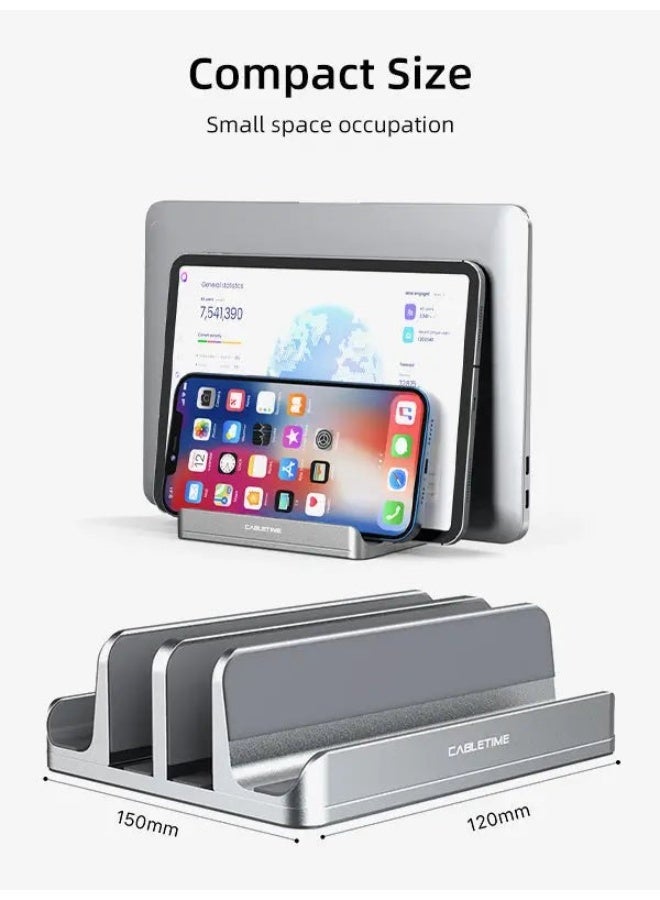 CABLETIME Aluminum Dual Vertical Stand Holder for Laptop, Adjustable Docking Station for 2 Laptops, Space Saving Desk Organizer, Compatible with MacBook Pro, MacBook Air, iPad, Notebook, Anti-Slip Base, Silver - Image 3