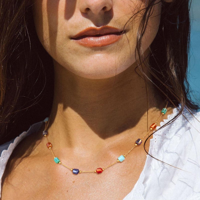 MTMY Beaded Necklaces for Women 14K Gold Plated Dainty Colorful Green/Rose Beaded Pearl Choker Necklace Delicate Boho Choker Necklace Jewelry Gift (mixed color cube) - Image 2