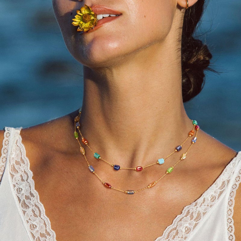 MTMY Beaded Necklaces for Women 14K Gold Plated Dainty Colorful Green/Rose Beaded Pearl Choker Necklace Delicate Boho Choker Necklace Jewelry Gift (mixed color cube) - Image 3