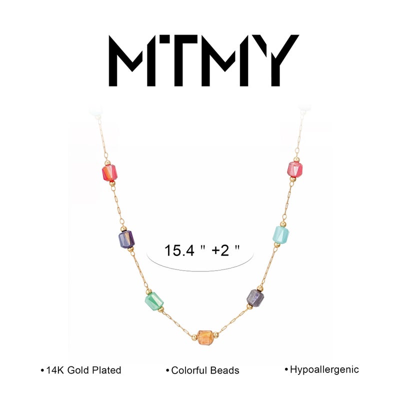 MTMY Beaded Necklaces for Women 14K Gold Plated Dainty Colorful Green/Rose Beaded Pearl Choker Necklace Delicate Boho Choker Necklace Jewelry Gift (mixed color cube) - Image 5