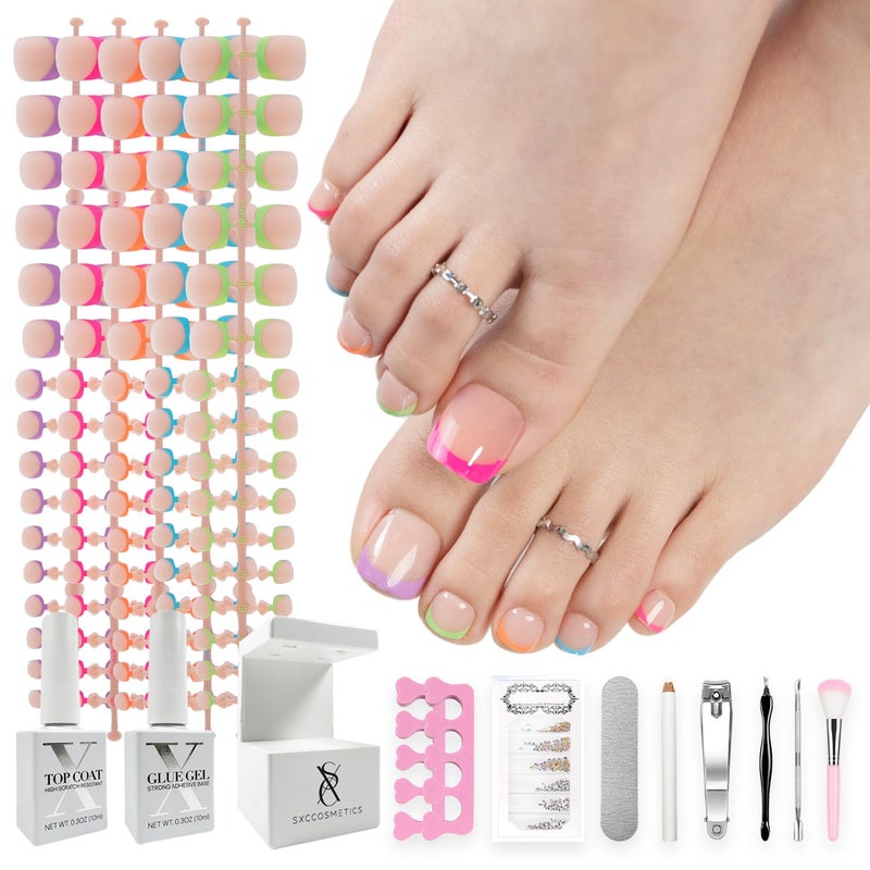 SXC Cosmetics XPro Tips French Tip Press On Toenails for Women Acrylic Soft Gel System Short French Pastel Glow Short - Image 2