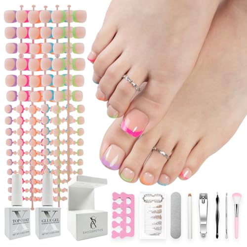 SXC Cosmetics XPro Tips French Tip Press On Toenails for Women Acrylic Soft Gel System Short French Pastel Glow Short - Image 1