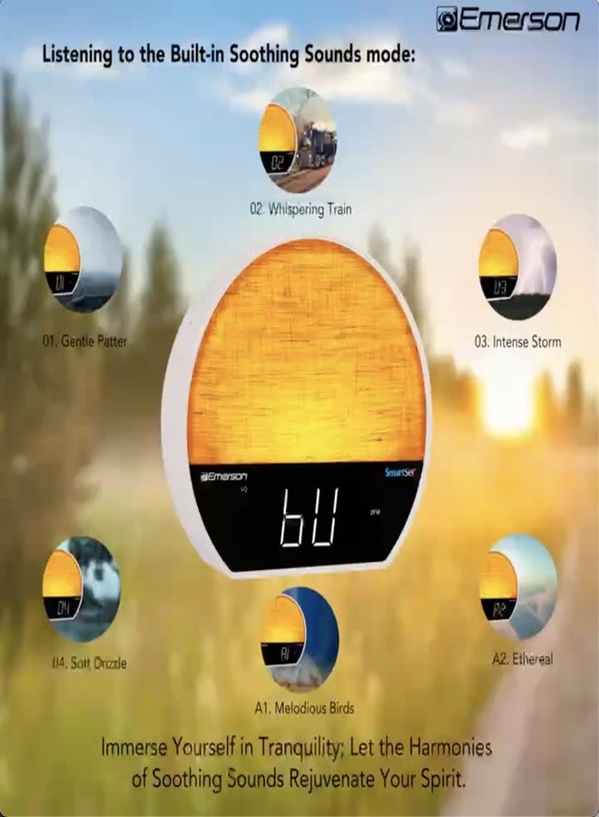 Emerson CKSS7071 Sunrise Smartset Alarm Clock Radio with 1.2" LED Display, White Noise, 6 Soothing Sounds, 8-Color Dimmable LED, Bluetooth Speaker, White - Image 3