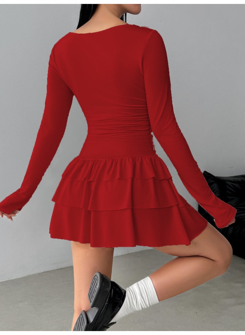 general Women Sexy Crew Neck Ruffle Hem Layered Mini Dress Y2k Slim Fit Long Sleeve Tiered A-Line Short Dress Fall Outfits - Image 2