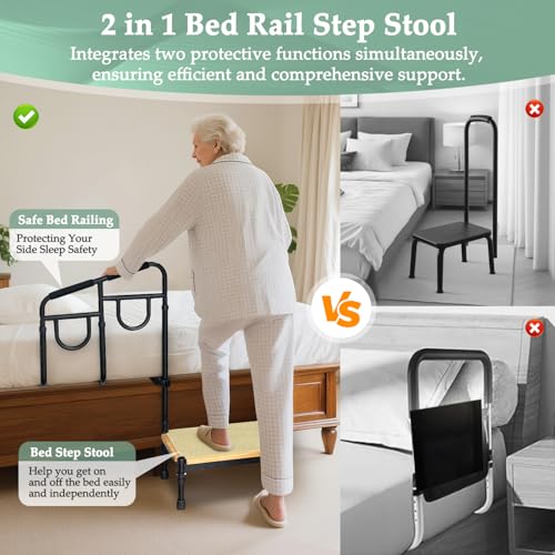 POWYS Bed Step Stool with Assist Rail for Seniors Adults Safety - Bedside Stepping Stool with Handle, Medical Stool Steps for High Beds, Handicap Bariatric Wide Guard Platform Adjustable Bar (2 in 1) - Image 4