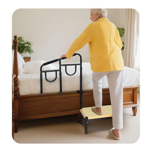 POWYS Bed Step Stool with Assist Rail for Seniors Adults Safety - Bedside Stepping Stool with Handle, Medical Stool Steps for High Beds, Handicap Bariatric Wide Guard Platform Adjustable Bar (2 in 1) - Image 1