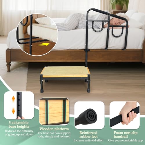 POWYS Bed Step Stool with Assist Rail for Seniors Adults Safety - Bedside Stepping Stool with Handle, Medical Stool Steps for High Beds, Handicap Bariatric Wide Guard Platform Adjustable Bar (2 in 1) - Image 5
