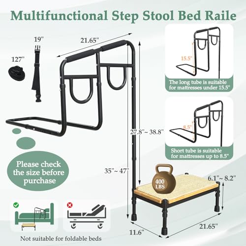 POWYS Bed Step Stool with Assist Rail for Seniors Adults Safety - Bedside Stepping Stool with Handle, Medical Stool Steps for High Beds, Handicap Bariatric Wide Guard Platform Adjustable Bar (2 in 1) - Image 2