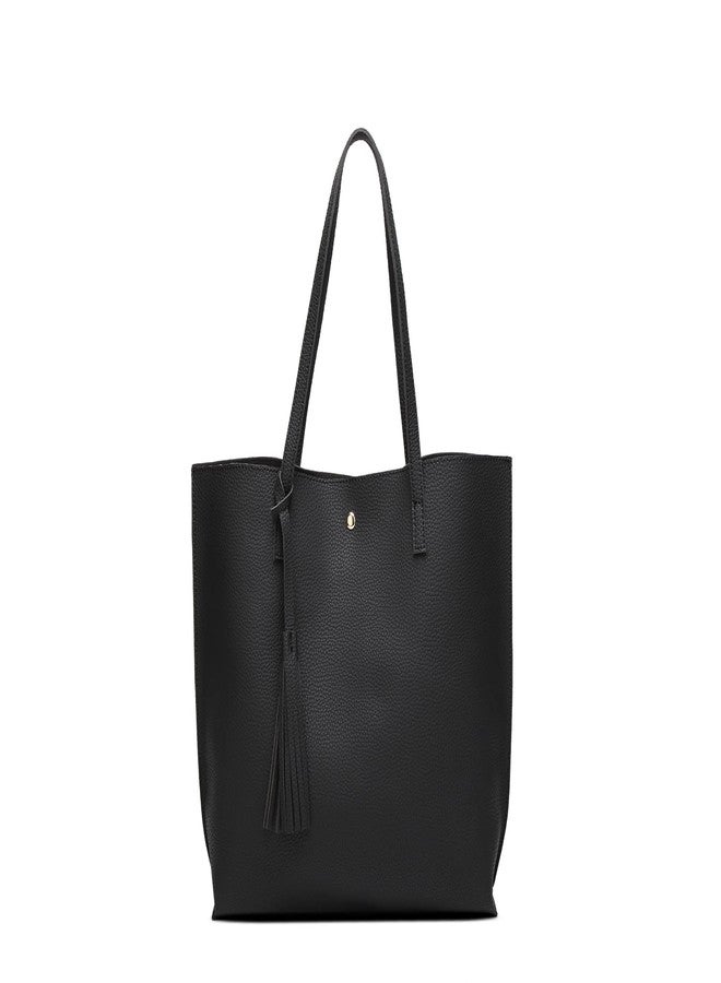 Dreubea Women's Soft Faux Leather Tote Shoulder Bag from, Big Capacity Tassel Handbag Black - Image 1